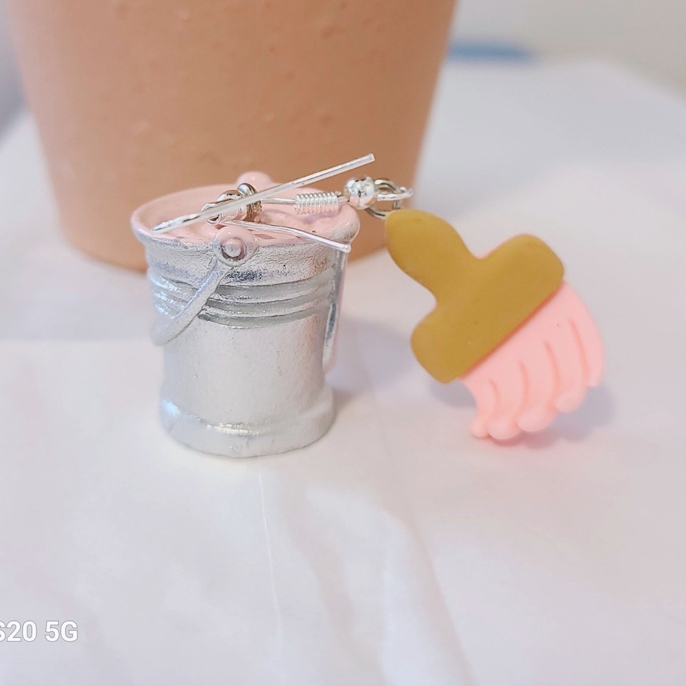 Paint Bucket Brush Earrings Silver Tone Artist Painter Craft Dangle Drop - Picture 7 of 11